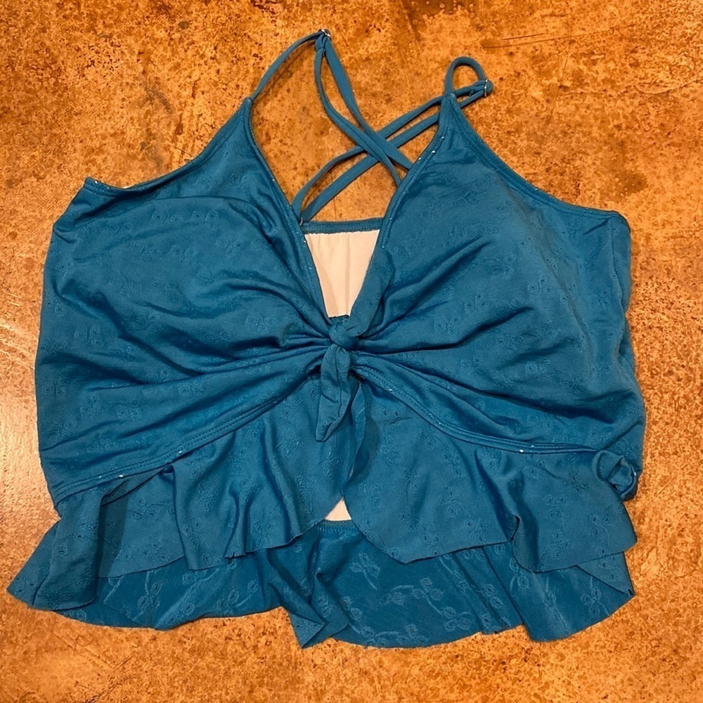 Coral‎ Reef teal blue high low toe front peplum ruffle hem bikini swim top